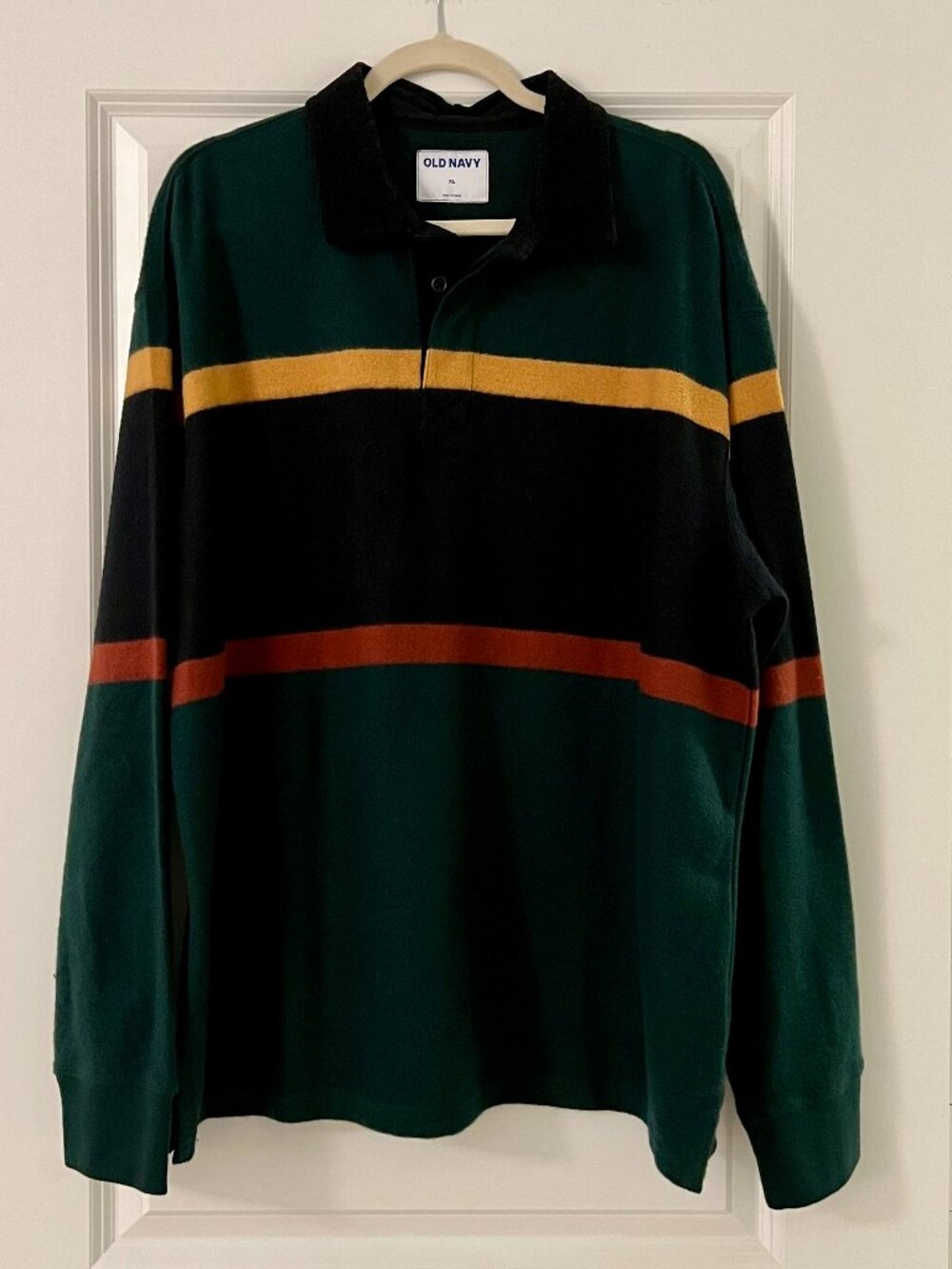 Old Navy Hunter Green Navy Blue Burgundy Stripe Rugby Shirt, NEW